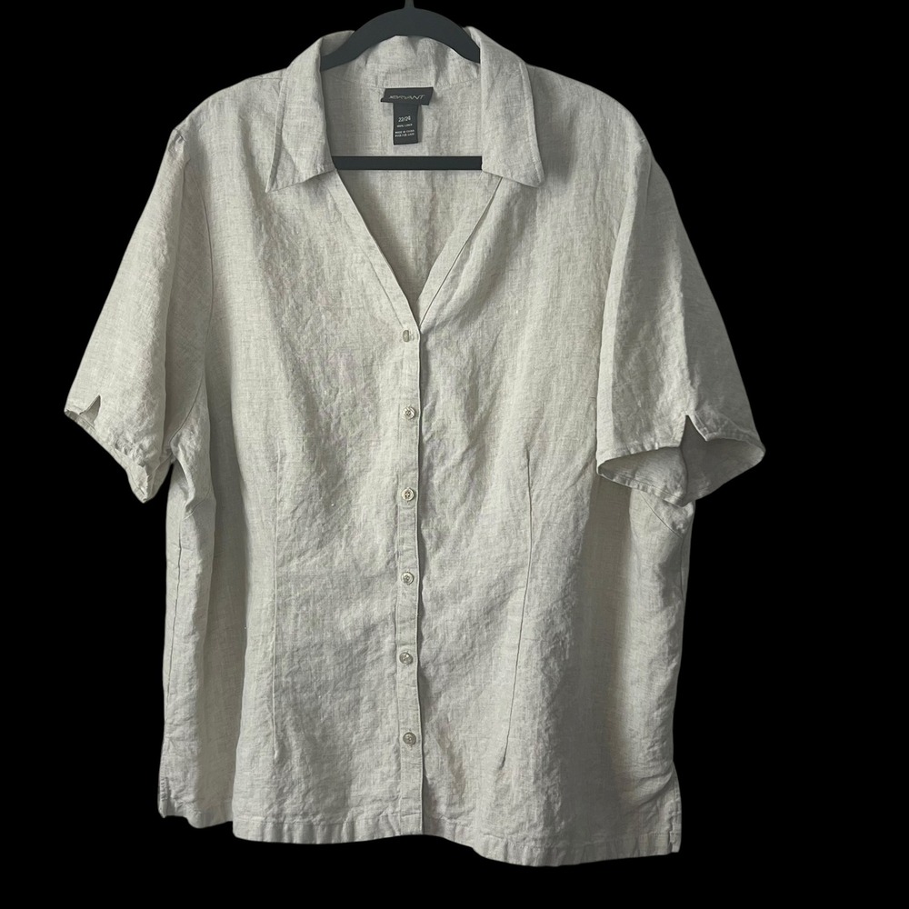Lane Bryant 100%‎ Linen Short Sleeve V Neck Button Up Shirt Plus Sz 22/24 Beige